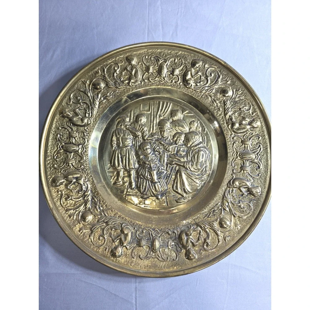 Vintage Brass Repousse Wall Plates Pair Dutch Genre Scenes Ornate Decorative